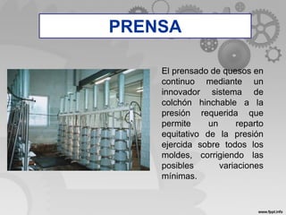 PRENSA
El prensado de quesos en
continuo mediante un
innovador sistema de
colchón hinchable a la
presión requerida que
permite un reparto
equitativo de la presión
ejercida sobre todos los
moldes, corrigiendo las
posibles variaciones
mínimas.
PRENSA
 