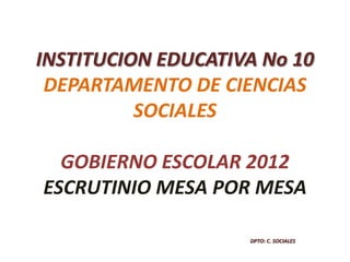 INSTITUCION EDUCATIVA No 10
DEPARTAMENTO DE CIENCIAS
SOCIALES
GOBIERNO ESCOLAR 2012
ESCRUTINIO MESA POR MESA
DPTO: C. SOCIALES
 