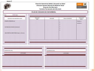  Intervención
Es el inicio de las intervenciones interdependientes o independientes de
enfermería. Corresponde a las intervenciones diseñadas para cubrir las
necesidades físicas y educativas a la familia. Igualmente, pueden servir
como supervisión del cumplimiento de actividades por parte del cuidador
o la familia.
 Documentación o registro de las actividades
La ejecución debe de ir seguida de un registro completo y exacto de las
actividades realizadas con el cuidador o la familia.
 