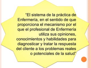 “El sistema de la práctica de
Enfermería, en el sentido de que
proporciona el mecanismo por el
que el profesional de Enfermería
utiliza sus opiniones,
conocimientos y habilidades para
diagnosticar y tratar la respuesta
del cliente a los problemas reales
o potenciales de la salud”
 