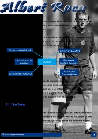 Albert Roca
   una estructura hipercompleja que se articula a través de las relaciones de seis capacidades
   (ver gráfico). Estas estructuras evolucionan y están conectadas entre si, en tanto en cuanto su
   intervención con el medio y con ellos mismos.


   Como dice Seirul.lo, la solución está en crear Situaciones Simuladoras Preferenciales, tareas
   reales de interacción en las que para resolverlas sea necesario la optimización de alguno de
   esos sistemas, de alguno de esas estructuras respecto a otras.

      Estructura Condicional                                    Estructura Cognitiva



             Estructura Socio-                                     Estructura
                                             JUEGO              Creativo-Expresiva
                 Afectiva


                                                                    Estructura
      Estructura Coordinativa                                     Emotivo-Voiitiva

   El jugador no deja de ser un ser humano que está en constante estado de evolución y adaptación,
   en donde se interrelacionan sentimientos, emociones, procesos de información, relaciones sociales,
   inteligencia y por lo tanto su entrenamiento debe ser enfocado como “un todo organizado”
   (Teoría general de los Sistemas) en los que se pretende hallar reglas generales o situaciones
   válidas y aplicables a cualquier sistema y en cualquier nivel de la realidad.


   3.1.1. Las Tareas

   Estas situaciones que configuran la sesión de entrenamiento se organizan y estructuran a través
   de las tareas. La tarea es una situación simuladora del juego, modificada y/o aceptada para
   incidir sobre determinados aspectos de nuestros jugadores y equipo que deseamos mejorar.




© www.albertroca.com                                                                                    11
 