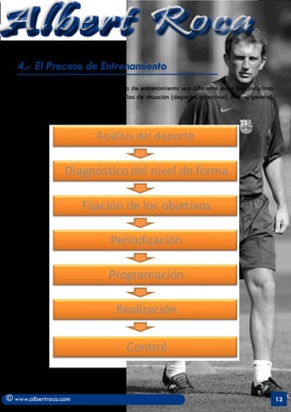 Albert Roca
   4.-	 El Proceso de Entrenamiento
   Aunque el enfoque filosófico del proceso de entrenamiento sea diferente entre las disciplinas
   de prestación (deportes individuales) y las de situación (deportes colectivos), a nivel general,
   el proceso sigue las mismas fases




© www.albertroca.com                                                                                  13
 