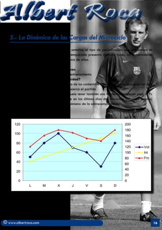Albert Roca                                                                                              A
   5.- La Dinámica de las Cargas del Microciclo
   En el fútbol, como así indica el gráfico anterior, el tipo de periodización que predomina es
   la uniforme. Ahora bien, dado que la temporada presenta diversas fases, los entrenadores
   emplean dinámicas diferentes en cada una de ellas.

            a)	¿Còmo se controla el volumen
            A través del tiempo total del entrenamiento
            b) ¿Còmo se controla la intensidad?
            -	 La especificidad de la carga de los contenidos – en el microciclo se puede ver que
            aumentará a medida que se acerca el partido
            -	 La frecuencia cardiaca – Suele tener también una tendencia creciente pero la Fc
            media (conseguida disminuye en los últimos días del microciclo (mayores pausas)
            para que se pueda dar el fenómeno de la sobrecompensación




      120                                                                     200
                                                                              180
      100
                                                                              160
                                                                              140
       80
                                                                              120          Vol
       60                                                                     100          Int
                                                                              80           Frc
       40
                                                                              60
                                                                              40
       20
                                                                              20
        0                                                                     0
               L        M        X         J        V        S         D




© www.albertroca.com                                                                                16
 