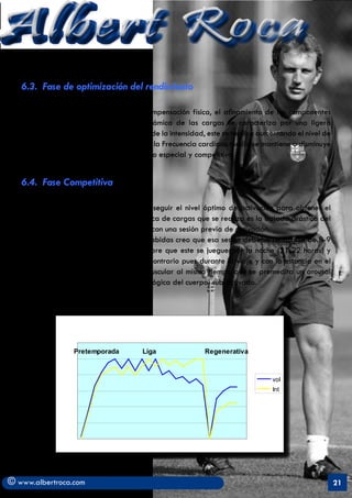 Albert Roca
   6.3. Fase de optimización del rendimiento

   Busca obtener los procesos de sobrecompensación física, el afinamiento de los componentes
   tácticos y la máxima cohesión. La dinámica de las cargas se caracteriza por una ligera
   disminución del volumen y un incremento de la intensidad, este se realiza aumentando el nivel de
   especificidad de los contenidos mientras la Frecuencia cardiaca media se mantiene o disminuye
   incluso algo. Se proponen tareas del tipo especial y competitivo.


   6.4. Fase Competitiva

   Es el día del partido. Se pretende conseguir el nivel óptimo de activación para obtener el
   máximo nivel de rendimiento. La dinámica de cargas que se realiza es la bajada drástica del
   volumen e intensidad antes del partido con una sesión previa de activación.
   A mi entender y por las experiencias habidas creo que esa sesión debería realizarse de 8-9
   horas antes del inicio del partido siempre que este se juegue por la noche (21-22 horas) y
   sobretodo cuando se juega en campo contrario pues durante el viaje y con la estancia en el
   hotel se tiende a perder cierto tono muscular al mismo tiempo que se premedita un arousal
   (grado de activación fisiológica y psicológica del cuerpo) sub-activado.




                   Pretemporada         Liga               Regenerativa



                                                                                vol
                                                                                Int




© www.albertroca.com                                                                                  21
 