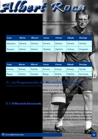 Albert Roca                                                                                                A
   A continuación presentaré 2 ejemplos de microciclos donde se establecerán las fases y la
   dinámica de cargas que asegure el máximo rendimiento el día del partido.

   a) Para una competición semanal


    Lunes         Martes       Miercol.     Jueves        Viernes      Sábado       Domingo

    Descanso      Entreno      Entreno      Entreno       Entreno      Entreno      Partido

    Recuper.      Estimul      Estimul      Optimiz.      Optimiz.     Activac.     Competic.


   b) Para dos competiciones semanales.


    Lunes        Martes       Miércol       Jueves       Viernes       Sábado       Domingo

    Entreno      Entreno      Partido       Entreno      Entreno       Entreno      Partido

    Recup.       Activac.     Compet.       Recup.       Estimul.      Optimiz      Act/comp.


   7.-	 La Programación del Microciclo Estructurado
   Con todo lo expuesto anteriormente llegamos a un punto vital de este informe que no es otro
   que el de presentar la unidad principal de planificación en un deporte colectivo como el fútbol:
   el Microciclo Estructurado.


   7. 1. El Microciclo Estructurado.

   El INEFC de Barcelona, basándose en el modelo de planificación del profesor Francisco Seirul.o
   ha definido y diferenciado una serie de microciclos estructurados para deportes de equipo
   pero en la práctica de nuestro particular diseño y amparados por las prácticas realizadas en
   el F.C. Barcelona en compañía del mismo profesional hemos redefinido algunas características
   de los mismos.




© www.albertroca.com                                                                                  22
 