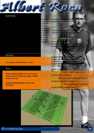 Albert Roca                                                                                                                                                    A
   DESCRIPCIÓN                                                                      MATERIAL
   Espacio de juego 30 x 30. Dos equipos de 4 jugadores + 2 comodines               Conos para limitar el espacio de juego, balones suficientes y petos
   ofensivos. Se juega en superioridad numérica de seis contra cuatro. Los          para distinguirse los equipos y el comodín.
   jugadores ofensivos intentarán mantener el mayor tiempo posible la
   posesión del balón; para ello, ofrecerán una movilidad constante y buenos
                                                                                    VARIANTES
   desmarques de apoyo, intentando lograr el mayor número de paredes de
   cualquier clase. Por cada ocho pases se logrará un punto (no se contabilizarán   . Todos los jugadores sólo tienen 1 o 2 toques para jugar
   los efectuados por el comodín), obteniéndose un nuevo punto por cada             . Dimensiones del campo un poco más pequeñas
   pared realizada. Cuando los defensores recuperen la posesión del balón
   cambiarán sus funciones con el equipo ofensivo. Ganará el juego el equipo
   que más puntos obtenga en el tiempo total del juego. El número de toques         CARGA DE ENTRENAMIENTO
   para el comodín es 1 o 2 y el resto juega libre de toques pero tratando de       Volumen: 5 series x 2 min
   imprimir la mayor velocidad al juego.                                            Recuperación entre series: 1 min
                                                                                    Intensidad: máxima (adaptada a las condiciones del espacio)



   OBJETIVOS                                                                        Tácticos
                                                                                    Conceptos tácticos ofensivos: Ayudas permanentes,
   Fisicos:                                                                         desmarques de apoyo, paredes de cualquier tipo y ocupación,
                                                                                    aprovechamiento del espacio de juego y cambios de ritmo.
   Fuerza específica. Método fraccionado o Iterativo
                                                                                    Conceptos tácticos defensivos: Marcaje (hombre o
                                                                                    mixto), presión (acoso sobre el poseedor del balón y sobre los
   Técnicos                                                                         compañeros que lo apoyan).
                                                                                    Socio-afectivos:   Favorecer el espíritu de equipo, atención
   Acciones técnicas ofensivas: Pases cortos y medios y
                                                                                    (sobre lo que hace el compañero/s).
   controles, paredes de cualquier clase, regates y habilidad
   dinámica por el suelo.                                                           Volitivos: Ajuste de las situaciones inciertas. Perseverancia en
                                                                                    la búsqueda del rendimiento competitivo.
   Acciones técnicas defensivas: Entradas, cargas,
   anticipaciones.
                                                                                    Creativo-expresivos: favorecer la toma de decisiones diferente
                                                                                    de ataque rápido con demostrada eficacia




© www.albertroca.com                                                                                                                                      36
 