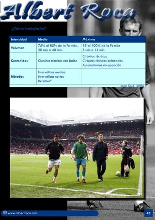 Albert Roca
   . ¿Cómo    trabajarlas?

    Intensidad         Media                          Máxima
                       75% al 85% de la Fc máx.       85 al 100% de la Fc máx
    Volumen
                       20 min a 40 min.               5 min a 15 min.
                                                      Circuitos técnicos.
    Contenidos         Circuitos técnicos con balón   Circuitos técnicos enlazados
                                                      Automatismos sin oposición
                       Interválicos medios
    Métodos            Interválicos cortos
                       Iterativo*
                                                                                Joan Solé, 2006




© www.albertroca.com                                                                              43
 