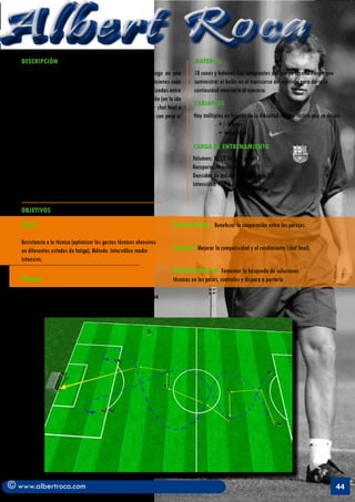 Albert Roca                                                                                                                                                  A
   DESCRIPCIÓN                                                                      MATERIAL
   	          El ejercicio se desarrolla en ¾ del terreno de juego en una           10 conos y balones. Los integrantes del cuerpo técnico tienen que
   dinámica de “ida y vuelta”. Hay 4 parejas que alternan sus funciones cada        suministrar el balón en el transcurso del ejercicio para darle la
   2’30”. El ejercicio se basa en las combinaciones ofensivas realizadas entre      continuidad necesaria al ejercicio.
   2 jugadores que evolucionan en progresión cruzándose con balón (en la ida
                                                                                   VARIANTES
   sólo realizando pases y en la vuelta con esos mismos pases + chut final a
   portería)..Otros jugadores (2) colaboran en medio del trayecto con pase al      Hay múltiples en función de la dificultad técnico-táctica que se desee.
   1er toque. Total 8 jugadores + 1 portero                                        	        . +/- toques
                                                                                   	        . + Intensidad
                                                                                   CARGA DE ENTRENAMIENTO
                                                                                   Volumen: 15’ (2’30” por pareja )
                                                                                   Recuperación entre series: 45”
                                                                                   Densidad de esfuerzo aproximado: 1:3
                                                                                   Intensidad: 110% del VMA


   OBJETIVOS

   Fisicos                                                                Socio-afectivos:   Beneficiar la cooperación entre las parejas.

   Resistencia a la técnica (optimizar los gestos técnicos ofensivos
   en diferentes estados de fatiga). Método: Interválico medio            Volitivos: Mejorar la competividad y el rendimiento (chut final)
   intensivo.
                                                                          Creativo-expresivos: Fomentar la búsqueda de soluciones
   Técnicos                                                               técnicas en los pases, controles y disparo a portería

    Evoluciones combinativas de pases, controles, remates
   en carrera




© www.albertroca.com                                                                                                                                    44
 