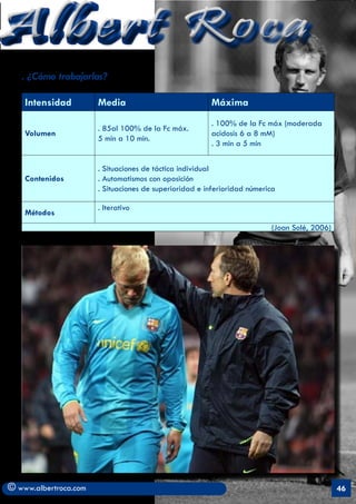 Albert Roca                                                                                        A
   . ¿Cómo trabajarlas?

    Intensidad         Media                            Máxima
                                                        . 100% de la Fc máx (moderada
                       . 85al 100% de la Fc máx.
    Volumen                                             acidosis 6 a 8 mM)
                       5 min a 10 min.
                                                        . 3 min a 5 min


                       . Situaciones de táctica individual
    Contenidos         . Automatismos con oposición
                       . Situaciones de superioridad e inferioridad númerica

                       . Iterativo
    Métodos
                                                                          (Joan Solé, 2006)




© www.albertroca.com                                                                          46
 
