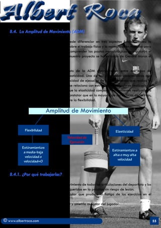 Albert Roca
   8.4.	 La Amplitud de Movimiento (ADM)

   El objetivo de los estiramientos se puede diferenciar en tres aspectos fundamentales: la
   prevención de lesiones, la optimización sobre el trabajo físico y la normalización muscular para
   la recuperación de este trabajo. Para comprender las pautas metodológicas que guiarán el
   desarrollo de esta cualidad dentro de nuestro proyecto se ha extraído de Gerard Moras el
   siguiente planteamiento:

   Como se observa, dentro del concepto de la ADM distinguiremos entre dos tipos de
   manifestaciones: la flexibilidad y la elasticidad. Una de las principales características que
   diferencian los dos conceptos es la velocidad de ejecución de los movimientos que realiza el
   deportista. Como vemos la flexibilidad se relaciona con estiramientos musculares realizados a
   velocidades medias o bajas, mientras que la elasticidad comporta estiramientos realizados a
   velocidades altas o muy altas. Es fácil constatar que en la mayoría de las técnicas deportivas,
   como el fútbol, la elasticidad prima sobre la flexibilidad.

                            Amplitud de Movimiento

             Flexibilidad                                                 Elasticidad
                                          Velocidad de
                                           Ejecución
           Estiramientos
            a media-baja                                                Estiramientos a
             velocidad o                                                 alta o muy alta
            velocidad=0                                                     velocidad



   8.4.1. ¿Por qué trabajarlas?

        . Para garantizar la calidad de movimiento de todas las articulaciones del deportista y los
        grados de movilidad específica requeridos en la práctica sin riesgo de lesión.
        . Disminuir el tono o tensión muscular que produce la fatiga de los ejercicios en el
        entrenamiento o partido.
        . Para mantener la actitud corporal y simetría muscular del jugador.



© www.albertroca.com                                                                                  55
 