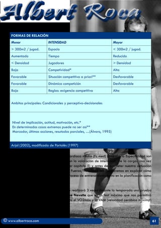Albert Roca
    FORMAS DE RELACIÓN
    Menor                   INTENSIDAD                                  Mayor
    > 300m2 / jugad.        Espacio                                     < 300m2 / jugad.
    Aumentado               Tiempo                                      Reducido
    < Densidad              Jugadores                                   > Densidad
    Baja                    Competividad*                               Alta
    Favorable               Situación competitiva a priori**            Desfavorable
    Favorable               Dinámica competición                        Desfavorable
    Baja                    Reglas: exigencia competitiva               Alta


    Ambitos principales: Condicionales y perceptivo-decisionales




     Nivel de implicación, actitud, motivación, etc.*
     En determinados casos extremos puede no ser así**
     Marcador, últimas acciones, resutados parciales, …(Álvaro, 1995)


    Arjol (2002), modificada de Portolés (1997)

   Hemos establecido que la Frecuencia Cardiaca media (Fc med) junto con la Especificidad son
   los dos parámetros a tener en cuenta en la valoración de intensidad de la carga. Una vez
   establecido la relación entre ambas (ver capítulo 5) y antes de acometer nuestra actuación
   sobre las capacidades de resistencia y Fuerza/Velocidad nos centraremos en explicar cómo
   condicionará un registro como la Fc el proceso de entrenamiento tanto en la planificación como
   en su control.

   Empezaremos por conocer la Fcmáx. Se realizará 3 veces durante la temporada una prueba
   estandarizada y válida como la Course Navette que es un test máximo que nos permitirá
   establecer al mismo tiempo y por defecto el VO2máx y la VAM (velocidad aeróbica máxima)
   de cada uno de nuestros jugadores.



© www.albertroca.com                                                                                61
 