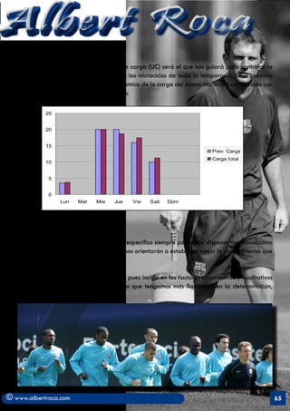 Albert Roca
   El valor total expresado en Unidades de carga (UC) será el que nos guiará para controlar la
   carga de las sesiones y por lo tanto de los microciclos de toda la temporada. En el próximo
   gráfico se detalla la evolución de la dinámica de la carga del mismo microciclo comparada con
   las expectativas de carga determinadas.

             25


             20


             15
                                                                             Prev. Carga
                                                                             Carga total
             10


              5


              0
                   Lun   Mar    Mie    Jue    Vie    Sab   Dom




    Para la planificación de cargas de tipo específico siempre podremos disponer de tablas como
   la anterior (Jimenez y otros, 1993) que nos orientarán a establecer mejor la carga interna que
   se desee para cada microciclo.

   La validez de nuestra propuesta intenta pues incidir en los factores cuantitativos y cualitativos
   por igual y relacionarlos de tal manera que tengamos más fiabilidad en la determinación,
   control y evaluación de las cargas.




© www.albertroca.com                                                                                   65
 