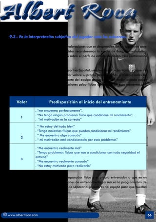 Albert Roca                                                                                               A
   9.3.- En la interpretación subjetiva del jugador ante los esfuerzos.

   Se han hecho muchos estudios sobre las valoraciones que se desprenden de los jugadores ante
   las cargas de trabajo. Como más conocidas recordaremos la escala de Borg, autovalorativa
   del esfuerza percibida, o la de P.O.M.S sobre el perfil de estado de ánimo. Nos centraremos
   sobre esta última.

   J.L. Martinez realiza, en el Real Club Deportivo Español, una modificación particular ya que de
   forma clara y sencilla hace que el jugador valore su propia predisposición al trabajo antes de
   empezar el entrenamiento. Cada integrante del equipo anotará con antelación a cada sesión
   y sobre una escala del 1 al 3 las sensaciones psico-físicas que tenga en esos momentos. Así
   observaremos:


       Valor                  Predisposición al inicio del entrenamiento
                     . “me encuentro perfectamente”.
                     . “No tengo ningún problema físico que condicione mi rendimiento”.
          1
                     . “mi motivación es la correcta”
                     . “ No estoy del todo bien”
                     . “Tengo molestias físicas que pueden condicionar mi rendimiento”
                     . “ Me encuentro algo cansado”
          2
                     . “ mi motivación está condicionada por esos problemas”

                     . “Me encuentro realmente mal”
                     . “Tengo problemas físicos que van a condicionar con toda seguridad el
                     entreno”
          3
                     . “Me encuentro realmente cansado”
                     . “No estoy motivado para realizarlo”


   Esas valoraciones pueden ayudar al preparador físico y al propio entrenador a que en un
   momento dado se puedan alterar los planes de entrenamiento ya sea en la programación de
   los objetivos de la sesión o en la decisión de separar a jugadores del equipo para que puedan
   realizar un trabajo individualizado.




© www.albertroca.com                                                                                 66
 