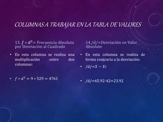 COLUMNAS A TRABAJAR EN LA TABLA DE VALORES
13. 𝒇 ∗ 𝒅 𝟐
= Frecuencia Absoluta
por Desviación al Cuadrado
• En esta columna se realiza una
multiplicación entre dos
columnas:
• 𝑓 ∗ 𝑑2
= 9 ∗ 529 = 4761
14./d/=Desviación en Valor
Absoluto
• En esta columna se realiza de
forma contraria a la desviación:
• /d/=𝑋 − 𝑋𝑖
• /d/=65.92-42=23.92
 