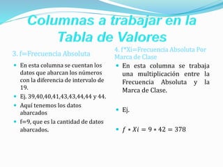 3. f=Frecuencia Absoluta
4. f*Xi=Frecuencia Absoluta Por
Marca de Clase
 En esta columna se cuentan los
datos que abarcan los números
con la diferencia de intervalo de
19.
 Ej. 39,40,40,41,43,43,44,44 y 44.
 Aquí tenemos los datos
abarcados
 f=9, que es la cantidad de datos
abarcados.
 En esta columna se trabaja
una multiplicación entre la
Frecuencia Absoluta y la
Marca de Clase.
 Ej.
 𝑓 ∗ 𝑋𝑖 = 9 ∗ 42 = 378
 