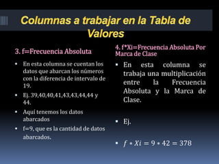 3. f=Frecuencia Absoluta
4. f*Xi=Frecuencia Absoluta Por
Marca de Clase
 En esta columna se cuentan los
datos que abarcan los números
con la diferencia de intervalo de
19.
 Ej. 39,40,40,41,43,43,44,44 y
44.
 Aquí tenemos los datos
abarcados
 f=9, que es la cantidad de datos
abarcados.
 En esta columna se
trabaja una multiplicación
entre la Frecuencia
Absoluta y la Marca de
Clase.
 Ej.
 𝑓 ∗ 𝑋𝑖 = 9 ∗ 42 = 378
 