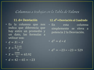 11. d= Desviación
• Es la columna que nos
indica que diferencia que
hay entre un promedio y
un dato, las formulas a
utilizar son:
• 𝑑 = 𝑋𝑖 − 𝑋
• 𝑋 =
𝑓∗𝑋𝑖
𝑁
• 𝑋 =
5999
91
= 65.92
• 𝑑 = 42 − 65 = −23
12. 𝒅 𝟐=Desviación al Cuadrado
• En esta columna
simplemente se eleva a
potencia 2 la Desviación.
• 𝑑2 = 𝑑 ∗ 𝑑
• 𝑑2 = −23 ∗ −23 = 529
 