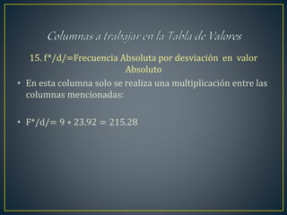15. f*/d/=Frecuencia Absoluta por desviación en valor
Absoluto
• En esta columna solo se realiza una multiplicación entre las
columnas mencionadas:
• F*/d/= 9 ∗ 23.92 = 215.28
 