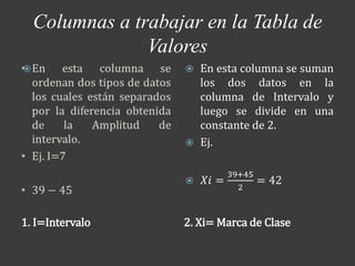 Columnas a trabajar en la Tabla de
Valores
1. I=Intervalo 2. Xi= Marca de Clase
  En esta columna se suman
los dos datos en la
columna de Intervalo y
luego se divide en una
constante de 2.
 Ej.
 𝑋𝑖 =
39+45
2
= 42
 