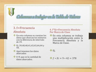Columnas a trabajar en la Tabla de Valores
3. f=Frecuencia
Absoluta
 En esta columna se cuentan los
datos que abarcan los números
con la diferencia de intervalo
de 19.
 Ej. 39,40,40,41,43,43,44,44 y
44.
 Aquí tenemos los datos
abarcados
 f=9, que es la cantidad de
datos abarcados.
4. f*Xi=Frecuencia Absoluta
Por Marca de Clase
En esta columna se trabaja
una multiplicación entre la
Frecuencia Absoluta y la
Marca de Clase.
Ej.
 𝑓 ∗ 𝑋𝑖 = 9 ∗ 42 = 378
 