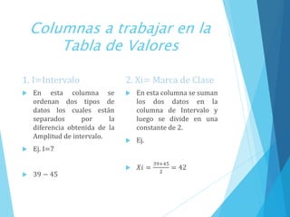 Columnas a trabajar en la
Tabla de Valores
1. I=Intervalo
 En esta columna se
ordenan dos tipos de
datos los cuales están
separados por la
diferencia obtenida de la
Amplitud de intervalo.
 Ej. I=7
 39 − 45
2. Xi= Marca de Clase
 En esta columna se suman
los dos datos en la
columna de Intervalo y
luego se divide en una
constante de 2.
 Ej.
 𝑋𝑖 =
39+45
2
= 42
 
