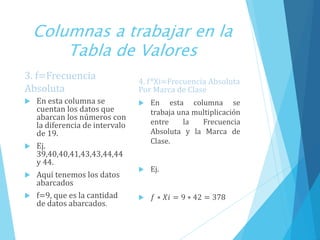 Columnas a trabajar en la
Tabla de Valores
3. f=Frecuencia
Absoluta
 En esta columna se
cuentan los datos que
abarcan los números con
la diferencia de intervalo
de 19.
 Ej.
39,40,40,41,43,43,44,44
y 44.
 Aquí tenemos los datos
abarcados
 f=9, que es la cantidad
de datos abarcados.
4. f*Xi=Frecuencia Absoluta
Por Marca de Clase
 En esta columna se
trabaja una multiplicación
entre la Frecuencia
Absoluta y la Marca de
Clase.
 Ej.
 𝑓 ∗ 𝑋𝑖 = 9 ∗ 42 = 378
 
