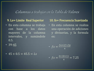9. Ls= Limite Real Superior
• En esta columna se trabaja
con base a los datos
mayores de la columna
intervalos, y sumándole
0.5.
• 39-45
• 45 + 0.5 = 45.5 = 𝐿𝑠
10. fs= Frecuencia Suavizada
• En esta columna se realiza
una operación de adiciones
y divisorias, y la formula
es:
• 𝑓𝑠 =
𝑓𝑎+2𝑓+𝑓𝑝
4
• 𝑓𝑠 =
0+18+11
4
= 7.25
 