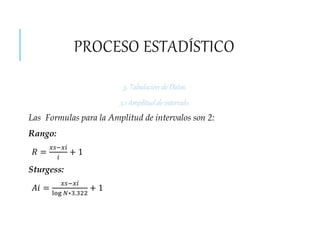 PROCESO ESTADÍSTICO
3. Tabulación de Datos.
3.1 Amplitud de intervalo.
Las Formulas para la Amplitud de intervalos son 2:
Rango:
𝑅 =
𝑥𝑠−𝑥𝑖
𝑖
+ 1
Sturgess:
𝐴𝑖 =
𝑥𝑠−𝑥𝑖
log 𝑁∗3.322
+ 1
 