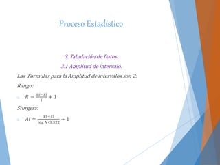 Proceso Estadístico
3. Tabulación de Datos.
3.1 Amplitud de intervalo.
Las Formulas para la Amplitud de intervalos son 2:
Rango:
o 𝑅 =
𝑥𝑠−𝑥𝑖
𝑖
+ 1
Sturgess:
o 𝐴𝑖 =
𝑥𝑠−𝑥𝑖
log 𝑁∗3.322
+ 1
 