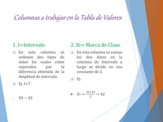 Columnas a trabajar en la Tabla de Valores
1. I=Intervalo
 En esta columna se
ordenan dos tipos de
datos los cuales están
separados por la
diferencia obtenida de la
Amplitud de intervalo.
 Ej. I=7
o 39 − 45
2. Xi= Marca de Clase
 En esta columna se suman
los dos datos en la
columna de Intervalo y
luego se divide en una
constante de 2.
 Ej.
 𝑋𝑖 =
39+45
2
= 42
 