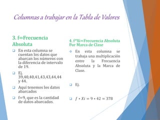 Columnas a trabajar en la Tabla de Valores
3. f=Frecuencia
Absoluta
 En esta columna se
cuentan los datos que
abarcan los números con
la diferencia de intervalo
de 19.
 Ej.
39,40,40,41,43,43,44,44
y 44.
 Aquí tenemos los datos
abarcados
 f=9, que es la cantidad
de datos abarcados.
4. f*Xi=Frecuencia Absoluta
Por Marca de Clase
 En esta columna se
trabaja una multiplicación
entre la Frecuencia
Absoluta y la Marca de
Clase.
 Ej.
 𝑓 ∗ 𝑋𝑖 = 9 ∗ 42 = 378
 