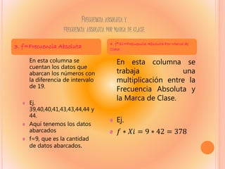 FRECUENCIA ABSOLUTA Y
FRECUENCIA ABSOLUTA POR MARCA DE CLASE
En esta columna se
cuentan los datos que
abarcan los números con
la diferencia de intervalo
de 19.
Ej.
39,40,40,41,43,43,44,44 y
44.
Aquí tenemos los datos
abarcados
f=9, que es la cantidad
de datos abarcados.
En esta columna se
trabaja una
multiplicación entre la
Frecuencia Absoluta y
la Marca de Clase.
Ej.
𝑓 ∗ 𝑋𝑖 = 9 ∗ 42 = 378
3. f=Frecuencia Absoluta 4. f*Xi=Frecuencia Absoluta Por Marca de
Clase
 