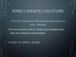 COLUMNAS A TRABAJAR EN LA TABLA DE VALORES
15. f*/d/=Frecuencia Absoluta por desviación en
valor Absoluto
• En esta columna solo se realiza una multiplicación
entre las columnas mencionadas:
• F*/d/= 9 ∗ 23.92 = 215.28
 