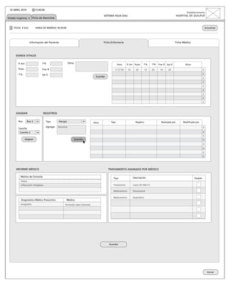 10 ABRIL 2010             13:40:00
                                                                                                                                                                           Establecimiento
                                                                                           SISTEMA HOJA DAU                                                        HOSPITAL DE QUILPUÉ
Estado Urgencia x Ficha de Atenciónx


    FICHA # A22            HORA DE INGRESO 18:20:00                                                                                                                                            Actualizar




                    Información del Paciente                                               Ficha Enfermería                                                       Ficha Médico




      SIGNOS VITALES

        P. Art                   TºR                         Otros
                                                                                                       Hora     P. Art    Pulso   TºA      TºR   Frec R   Sat O          Otros

        Pulso                    Frec R                                                            17:27:05      10        20         10   20     10       20                              x
        TºA                      Sat O                                                                                                                                                     x
                                                                                   Guardar
                                                                                                                                                                                           x
                                                                                                                                                                                           x
                                                                                                                                                                                           x
                                                                                                                                                                                           x
                                                                                                                                                                                           x
                                                                                                                                                                                           x
                                                                                                                                                                                           x


      ASIGNAR                    REGISTROS

        Box       Box 3               Tipo      Alergia                                         Tipo                       Registro                Realizado por        Modificado por
                                                                                 Hora

        Camilla
                                      Agregar   Penicilina                      17:27:05                                                                                                   x
         Camilla 2                                                                                                                                                                         x
                                                                                                                                                                                           x
                 Asignar                                             Guardar                                                                                                               x
                                                                                                                                                                                           x
                                                                                                                                                                                           x
                                                                                                                                                                                           x
                                                                                                                                                                                           x



      INFORME MÉDICO                                                                          TRATAMIENTO ASIGNADO POR MÉDICO

          Motivo de Consulta                                                                                             Descripción
                                                                                                  Tipo                                                                            Estado
          Fiebre
          Inflamación Amígdalas                                                                   Tratamiento            Suero GS 500 CC

                                                                                                  Medicamento            Paracetamol

                                                                                                  Medicamento            Ibuprofeno
          Diagnóstico Médico Presuntivo                  Médico
          Amigdalítis                                  Fernando López Quezada




                                                                                               Guardar




                                                                                                                                                                                                 Cerrar
 
