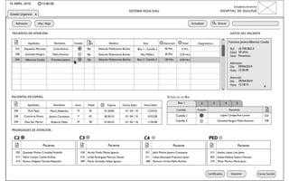 10 ABRIL 2010              13:40:00
                                                                                                                                                                                                      Establecimiento
                                                                                                       SISTEMA HOJA DAU                                                                   HOSPITAL DE QUILPUÉ
Estado Urgencia x

   Admisión           Alta / Baja                                                                                                                                Actualizar             Buscar


 PACIENTES EN ATENCIÓN                                                                                                                                                                             DATOS DEL PACIENTE


              Apellidos               Nombres           Estado                       Medico                          Box              Atención        Total           Diagnóstico
                                                                                                                                                                                                  Francisca Javiera Albornoz Candia

   323    Riquelme Martinez          Carla Andrea                   Ver      Eduardo Pedemonte Bucher          Box 1 / Camilla 2       40 Min         2 Hrs.                                       Rut 16.750.062-5
                                                                                                                                                                                                   Edad 20 años
   328    Gonzalez Vergara           Pablo Antonio                  Ver      Eduardo Pedemonte Bucher              Alta Médica         20 Min        2:34 Hrs.
                                                                                                                                                                                                   Sexo Femenino
   334     Albornoz Candia          Francisca Javiera               Ver      Eduardo Pedemonte Bucher          Box 2 / Camilla 3      120 Min       4:34 Hrs.
                                                                                                                                                                                                   Admisión
                                                                                                                                                                                                   Día 09/04/2010
                                                                                                                                                                                                   Hora 13:35:00

                                                                                                                                                                                                   Atención
                                                                                                                                                                                                   Día 09/04/2010
                                                                                                                                                                                                   Hora 15:18:15               x


 PACIENTES EN ESPERA                                                                                                                     ESTADO DE LOS BOX
                                                                                                                                                   Box 1                2           3         4         5
              Apellidos              Nombres            Sexo        Edad            Espera       Fecha Adm.          Hora Adm.
  340         Ruiz Tapia         Mario Alejandro          M          20           01:30:00          10 / 04 / 10        12:34:25                  Camilla            Estado                       Paciente

  338     Contreras Rivera      Javiera Constanza         F          42           00:30:10          10 / 04 / 10        10:52:38                  Camilla 1                               López Cánepa Ana Loreto              323

  339     Diaz San Martín                                 M          28                                                                           Camilla 2                             Gonzales Vergara Pablo Antonio         328
                                    Roberto Pablo                                 01:04:23          10 / 04 / 10        11:50:48

 PRIORIDADES DE ATENCIÓN

  C2                                                          C3                                                     C4                                                       PED
                            Paciente                                                 Paciente                                                   Paciente                                                 Paciente
   320   Quezada Muñoz Cristóbal Rodolfo                      318   Acuña Prado Matías Ignacio                         321   Jofré Muñoz Javiera Constanza                     313      Avalos López Luis Javier
   317 Yaikin Campo Camila Andrea                             316 Uribe Rodriguez Patricio Daniel                      311 Lobos Ahumada Francisco Javier                      303 Ibañez Valdivia Isidora Mariana
   314 Ramos Delgado Daniela Alejandra                        309 Pérez Gonzales Felipe Ignacio                        308 Romero Urritia Pablo Andrés                         310 Mena Merino María Jesús



                                                                                                                                                                              Certi cados           Imprimir              Cerrar Seción
 