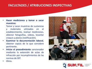 • Hacer mediciones y tomar o sacar
muestras:
Tomar y sacar muestras de sustancias
y materiales utilizados en el
establecimiento, realizar mediciones,
obtener fotografías, vídeos, levantar
croquis y planos (notificación).
• Examinar la documentación laboral,
obtener copias de lo que considere
pertinente.
• Iniciar el procedimiento sancionador
mediante la extensión de actas de
infracción por incumplimientos de las
normas de SST.
• Otros.
FACULTADES / ATRIBUCIONES INSPECTIVAS
 