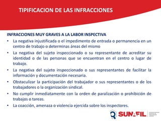TIPIFICACION DE LAS INFRACCIONES
INFRACCIONES MUY GRAVES A LA LABOR INSPECTIVA
• La negativa injustificada o el impedimento de entrada o permanencia en un
centro de trabajo o determinas áreas del mismo
• La negativa del sujeto inspeccionado o su representante de acreditar su
identidad o de las personas que se encuentran en el centro o lugar de
trabajo.
• La negativa del sujeto inspeccionado o sus representantes de facilitar la
información y documentación necesaria.
• Obstaculizar la participación del trabajador o sus representantes o de los
trabajadores o la organización sindical.
• No cumplir inmediatamente con la orden de paralización o prohibición de
trabajos o tareas.
• La coacción, amenaza o violencia ejercida sobre los inspectores.
 