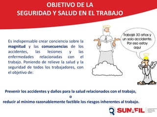 Es indispensable crear conciencia sobre la
magnitud y las consecuencias de los
accidentes, las lesiones y las
enfermedades relacionadas con el
trabajo. Poniendo de relieve la salud y la
seguridad de todos los trabajadores, con
el objetivo de:
OBJETIVO DE LA
SEGURIDAD Y SALUD EN EL TRABAJO
Prevenir los accidentes y daños para la salud relacionados con el trabajo,
o
reducir al mínimo razonablemente factible los riesgos inherentes al trabajo.
 