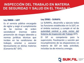 INSPECCIÓN DEL TRABAJO EN MATERIA
DE SEGURIDAD Y SALUD EN EL TRABAJO
Ley 28806 – LGIT
Es el servicio público encargado
de vigilar y exigir el cumplimiento
de las normas de orden
sociolaboral (normas sobre
prevención de riesgos laborales y
normas jurídicas técnicas que
incidan en las condiciones de
trabajo), orientar y asesorar
técnicamente en dichas materias
(Convenio 81° OIT).
Ley 29981 - SUNAFIL
La SUNAFIL, desarrolla y ejecuta todas
las funciones establecidas en la LGIT, en
el ámbito nacional, y cumple el rol de
autoridad central y ente rector del
Sistema de Inspección del Trabajo (SIT).
El SIT es competente para la
supervisión, fiscalización y sanción por
incumplimiento de las disposiciones en
materia de SST en toda actividad,
incluidas las de minería y energía.
 