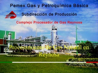 GAS Y PETROQUIMICA BASICAGAS Y PETROQUIMICA BASICA
Subdirección de ProducciónSubdirección de Producción
Complejo Procesador de Gas ReynosaComplejo Procesador de Gas ReynosaPemex Gas y Petroquímica Básica
Subdirección de Producción
Complejo Procesador de Gas Reynosa
Procesamiento de Gas Natural en
Reynosa
 