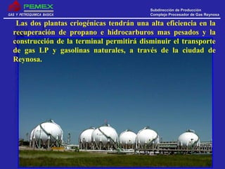 GAS Y PETROQUIMICA BASICAGAS Y PETROQUIMICA BASICA
Subdirección de ProducciónSubdirección de Producción
Complejo Procesador de Gas ReynosaComplejo Procesador de Gas Reynosa
Las dos plantas criogénicas tendrán una alta eficiencia en la
recuperación de propano e hidrocarburos mas pesados y la
construcción de la terminal permitirá disminuir el transporte
de gas LP y gasolinas naturales, a través de la ciudad de
Reynosa.
 