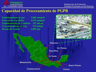 GAS Y PETROQUIMICA BASICAGAS Y PETROQUIMICA BASICA
Subdirección de ProducciónSubdirección de Producción
Complejo Procesador de Gas ReynosaComplejo Procesador de Gas Reynosa
Endulzamiento de gas 3,860 mmpcd
Proceso de Gas Dulce 4,539 mmpcd
Endulzamiento de Condens. 192 mbpd
Fraccionamiento de Liq. 570 mbpd
Recup. de Azufre 2,885 tpd
Capacidad de Procesamiento de PGPB
ReynosaReynosa
Poza RicaPoza Rica
MatapioncheMatapionche
CoatzacoalcosCoatzacoalcos CactusCactus
Nuevo PemexNuevo Pemex
La VentaLa Venta
Cd. PemexCd. Pemex
ReynosaReynosa
 