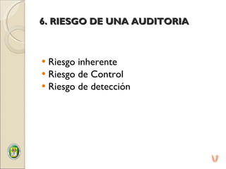 6. RIESGO DE UNA AUDITORIA Riesgo inherente  Riesgo de Control Riesgo de detección 