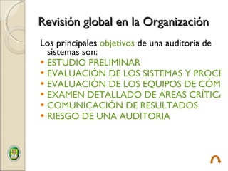 Revisión global en la Organización Los principales  objetivos  de una auditoria de  sistemas son: ESTUDIO PRELIMINAR EVALUACIÓN DE LOS SISTEMAS Y PROCEDIMIENTOS. EVALUACIÓN DE LOS EQUIPOS DE CÓMPUTO. EXAMEN DETALLADO DE ÁREAS CRÍTICAS. COMUNICACIÓN DE RESULTADOS. RIESGO DE UNA AUDITORIA 