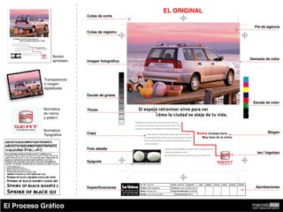 EL ORIGINAL
                                      Cotas de corte


                                                                                                                                                                                                                                                           Pie de agencia




                                                                                                                                                                                                                                    LA USINA
                                      Cotas de registro




                           Boceto
                                                                                                                                                                                                                                                         Demasía de color
                           aprobado   Imagen fotográfica




                      Transparencia
                      o imagen
                      digitalizada
                                      Escala de grises

                                                                                                                                                                                                                                                          Escala de color
                      Normativa       Titular                                       El espejo retrovisor sirve para ver
                      de marca                                                              cómo la ciudad se aleja de tu vida.
                      y pattern
                                                                             A medida que la rutina se aleja, nuevas sensaciones se acercan.

                                                                             Tu pie derecho siente todo el poder del nuevo motor diesel 1.9 Sdi,

                                                                             que reduce el consumo de combustible y brinda máxima potencia.
   VOLKSWAGEN GROUP
                      Normativa                                                                                                                                                                                                                                        Slogan
                      Tipográfica     Copy                                                   Tu cuerpo aprecia el confort del gran espacio interior de una break,             Nueva Córdoba Vario.
                                                                                             y la seguridad del doble air bag, el cierre central de puertas y los frenos              Muy lejos de la rutina.
                                                                                             ABS. Tus manos perciben esa estupenda maniobrabilidad que ofrece

                                                                                             la dirección asistida.


                                      Foto detalle                                                                           Cuando las sensaciones llegan a tu cabeza, mirás por el espejo retrovisor...

                                                                                                                             y notás que la ciudad ya no existe.
                                                                                                                                                                                                                                                              Iso / logotipo
                                                                                                                             Sólo existe el placer de estar en familia. Con tu nueva Córdoba Vario.



                                      Epígrafe                           Doble air bag y múltiples elementos de seguridad.                                                                                      VOLKSWAGEN GROUP




                                                                                     O.T. Nº: 001278                                   Fecha: 28/04/00        Copia Nº: 1         Arte      Redac.          Coord.   Direc.   Produc.          Cliente
                                      Especificaciones                               Cliente: SEAT Argentina                           Producto: Aviso Córdoba Vario                                                                                        Aprobaciones
                                                           Av. CALLAO 531, 6º "B"    Medio: Revista Viva                               Fecha de Publicación: 07/05/00
                                                           (1022) BUENOS AIRES
                                                           TEL. / FAX: 4371-3271     Medida: 23 x 27,6 cm (corte)                            Escala del print: 80 %




El Proceso Gráfico                                                                                                                                                                                                                                        marcelobraz
                                                                                                                                                                                                                                                          ARTE Y PRODUCCIÓN GRÁFICA
 