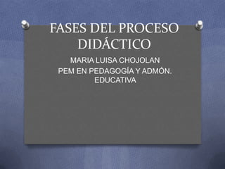 FASES DEL PROCESO
DIDÁCTICO
MARIA LUISA CHOJOLAN
PEM EN PEDAGOGÍA Y ADMÓN.
EDUCATIVA

 