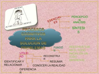 PERCEPCIÓ
                                             N
                                          ANÁLISIS

                                         SÍNTESI
                                            S



                                        REESTRUCTUR
                                        AR EL TODO
          UTILID                        INICIAL EN UN
          AD            RECONSTRUI      TODO
                        R               DIFERENTE
IDENTIFICAR Y              RESUMIR
RELACIONAR        CONOCER LA REALIDAD
          DIFERENCIA
          R
 