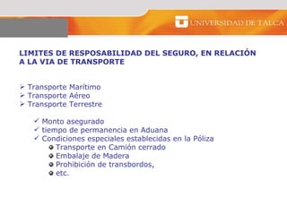 LIMITES DE RESPOSABILIDAD DEL SEGURO, EN RELACIÓN A LA VIA DE TRANSPORTE  Transporte Marítimo  Transporte Aéreo  Transporte Terrestre  Monto asegurado  tiempo de permanencia en Aduana  Condiciones especiales establecidas en la Póliza  Transporte en Camión cerrado  Embalaje de Madera  Prohibición de transbordos,  etc.  