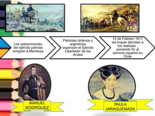 Los sobrevivientes
del ejército patriota
emigran a Mendoza
Patriotas chilenos y
argentinos
organizan el Ejército
Libertador de los
Andes
12 de Febrero 1817
las tropas derrotan a
los realistas ,
poniendo fin al
dominio español en
Chile
MANUEL
RODRÍGUEZ
PAULA
JARAQUEMADA
 