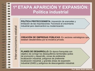 1ª ETAPA APARICIÓN Y EXPANSIÓN: Política industrial POLÍTICA PROTECCIONISTA:  imposición de aranceles y  limitación de las importaciones: Favoreció el crecimiento  industrial pero desincentivó su modernización. CREACIÓN DE EMPRESAS PÚBLICAS:  En sectores estratégicos que estaban desatendidos por la iniciativa privada. PLANES DE DESARROLLO:  En época franquista con  objetivo de corregir los desequilibrios territoriales (polos  de promoción y desarrollo, zonas de preferente  localización industrial, polígonos de preferente  localización industrial, y grandes áreas de expansión  industrial (GAEI) y polígonos de descongestión industrial. Prof. ISAAC BUZO SÁNCHEZ 